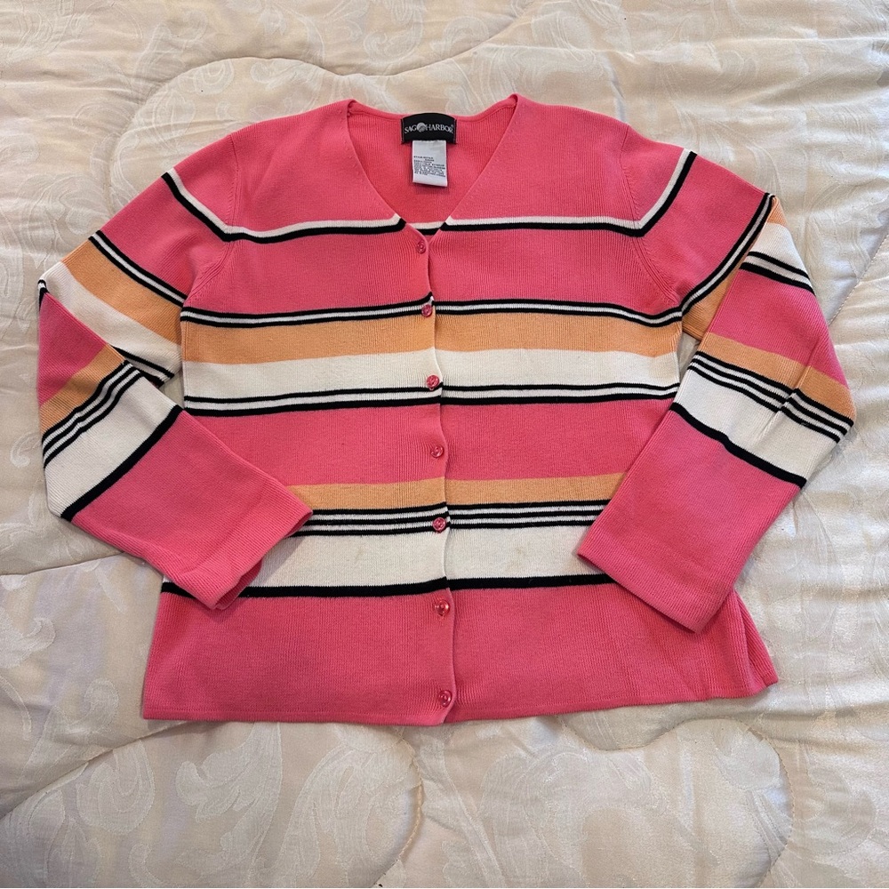 Sag Harbor Pink Knit Cardigan with Stripes